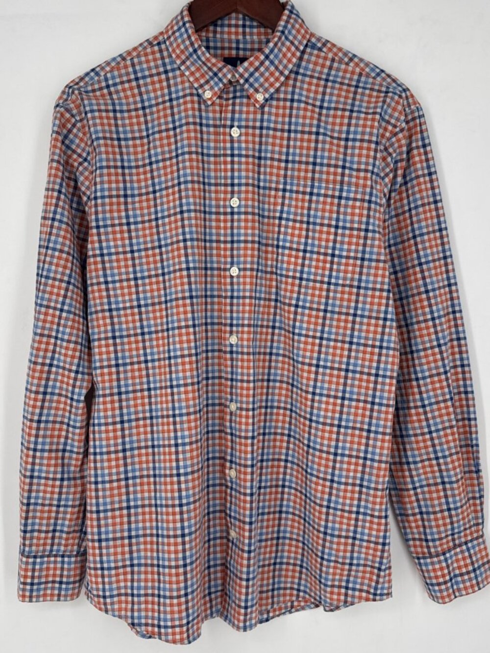 johnnie-O Mens L Mariner Plaid Long Sleeve Button Down Cotton Shirt Blue Orange